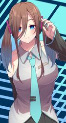  1girl bare_shoulders blue_eyes blush brown_hair cosplay detached_sleeves go-toubun_no_hanayome hatsune_miku hatsune_miku_(cosplay) headphones highres long_hair looking_at_viewer nakano_miku namesake necktie skirt smile solo tamago_sando thigh-highs twintails 