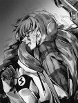  1girl apex_legends bangs blood blood_on_face bloody_clothes bodysuit closed_eyes gloves greyscale highres hood hooded_jacket injury jacket lichtenberg_figure lying monochrome mozuwaka on_ground parted_lips ribbed_bodysuit scar scar_on_cheek scar_on_face solo upper_body wattson_(apex_legends) 