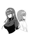  2girls absurdres back-to-back bangs borrowed_character breasts chihuri closed_mouth collared_shirt cropped_torso eyebrows_visible_through_hair greyscale hair_between_eyes highres jewelry long_hair looking_away medium_breasts monochrome multiple_girls original parted_lips pendant profile ribbed_sweater shirt simple_background sweater turtleneck turtleneck_sweater upper_body very_long_hair white_background 