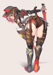  1girl absurdres ass bent_over blush character_request commentary_request from_behind full_body grey_background highres holding holding_knife holding_weapon knife looking_at_viewer looking_back monster_hunter_(series) open_mouth pink_hair shadow short_hair simple_background solo standing sy4 tail weapon yellow_eyes 