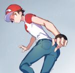  1boy baseball_cap bracelet brown_hair closed_mouth commentary_request from_below green_pants grey_background hat highres jewelry kashiwa_(kasshiwa10) looking_at_viewer looking_back male_focus orange_eyes pants pokemon pokemon_(game) pokemon_sm red_(pokemon) red_headwear shirt short_sleeves signature sketch solo t-shirt 