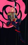  1girl black_footwear black_pants boots closed_eyes expressionless full_body gloves highres holding holding_sword holding_weapon invisible_chair long_hair long_sleeves pants pimientosdulces pink_hair red_gloves shoujo_kakumei_utena single_glove sitting solo sparkle sword tenjou_utena weapon 
