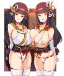  2girls absurdres bangs bikini black_gloves black_hair blunt_bangs blush breast_press breasts closed_mouth eyebrows_visible_through_hair gloves hair_ornament highres hinoa japanese_clothes large_breasts leotard long_hair looking_at_viewer meow_head minoto monster_hunter_(series) monster_hunter_rise multiple_girls siblings sidelocks sisters smile swimsuit twins yellow_eyes 