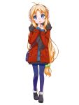  1girl bag bangs blonde_hair blouse blue_blouse blue_eyes blue_legwear hair_ornament hairclip hand_to_own_mouth headphones highres jacket legs_together long_hair looking_at_viewer open_mouth original red_jacket scarf scrunchie sidelocks solo standing tied_hair white_background winter_clothes 