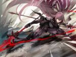  1girl armor bangs bodysuit breasts crossed_bangs dual_wielding fate/grand_order fate_(series) full_body gae_bolg_(fate) hair_between_eyes high_heels highres holding holding_spear holding_weapon large_breasts long_hair nishiide_kengorou outstretched_leg parted_lips pauldrons polearm purple_bodysuit purple_hair red_eyes scathach_(fate) scathach_(fate)_(all) shoulder_armor solo spear spread_legs thighs weapon 