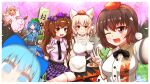  6+girls :d animal_ears bangs bare_shoulders beret black_bow black_bowtie black_hair black_necktie blonde_hair blue_dress blue_eyes blue_hair bow bowtie breasts brown_eyes brown_hair cherry_blossoms cirno daiyousei dress eating food green_eyes green_hair green_headwear grin hair_bow hat highres himekaidou_hatate holding holding_plate inubashiri_momiji kawashiro_nitori lily_white long_hair long_sleeves looking_at_viewer multiple_girls necktie one_eye_closed open_mouth otomen_maru-no-uchi outdoors petals photobomb pink_shirt plate polo_shirt purple_skirt red_eyes selfie shameimaru_aya shirt short_hair short_sleeves side_ponytail skirt smile tail touhou touhou_danmaku_kagura twintails v white_hair white_shirt white_sleeves wings wolf_ears wolf_girl wolf_tail 