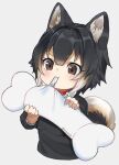  1girl :3 animal_ear_fluff animal_ears biting black_hair black_shirt brown_eyes collar cropped_torso dog_ears dog_girl dog_tail gradient_hair grey_background long_sleeves multicolored_hair nyifu original pillow_tag red_collar shirt short_hair simple_background solo stuffed_toy tail tugging twitter_username upper_body white_hair 