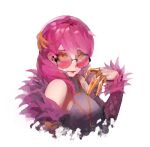  1girl absurdres bare_shoulders breasts claws closed_mouth commentary evelynn_(league_of_legends) fur_trim highres jewelry k/da_(league_of_legends) league_of_legends lips long_hair long_sleeves looking_at_viewer makeup necklace pink_hair pixel_art round_eyewear rsef simple_background solo white_background yellow_eyes 