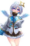  1girl :d amane_kanata angel angel_wings bangs blue_bow blue_hair blue_neckwear blush bow bowtie colored_inner_hair commentary_request dress eyebrows_visible_through_hair eyes_visible_through_hair feathered_wings grey_jacket hair_between_eyes halo hand_up head_tilt highres hololive jacket long_sleeves looking_at_viewer multicolored multicolored_eyes multicolored_hair open_mouth pink_eyes pink_hair shichi_(tarakochan-medo) shiny shiny_hair short_dress short_hair silver_hair simple_background sleeves_past_wrists smile solo standing star_halo thigh_gap two-tone_hair violet_eyes virtual_youtuber white_background white_dress white_wings wide_sleeves wings 