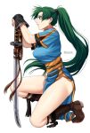  1girl blue_dress boots dress earrings fingerless_gloves fire_emblem fire_emblem:_the_blazing_blade gloves green_eyes green_hair highres jewelry katana kneeling long_hair lyn_(fire_emblem) miku1201_fe ponytail profile sheath sword thighs weapon wind 