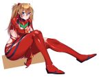  1girl blonde_hair blue_eyes bodysuit breasts hair_between_eyes highres long_hair mrnn neon_genesis_evangelion pilot_suit plugsuit rebuild_of_evangelion red_bodysuit shikinami_asuka_langley sitting small_breasts solo souryuu_asuka_langley torn_bodysuit torn_clothes two_side_up 