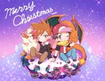  2boys arcanine baseball_cap blue_oak blush brown_eyes brown_footwear brown_hair brown_pants charizard christmas_cake commentary_request fire flame gen_1_pokemon hat holding_hand jacket jewelry kashiwa_(kasshiwa10) long_sleeves male_focus merry_christmas multiple_boys necklace one_eye_closed orange_hair pants pokemon pokemon_(game) pokemon_frlg pokemon_hgss red_(pokemon) red_headwear scarf shoes short_sleeves signature sitting spiky_hair spread_legs tree yellow_scarf 