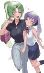  2girls :3 ^_^ absurdres bag black_shirt blue_skirt blush closed_eyes collared_shirt green_hair hanyuu highres higurashi_no_naku_koro_ni holding holding_bag horns kneehighs locked_arms long_hair multiple_girls musical_note oici_ne open_mouth pants pink_ribbon pleated_skirt ponytail purple_hair ribbon shirt short_sleeves simple_background skirt sleeveless smile sonozaki_mion white_background white_pants white_shirt 