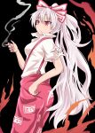  1girl bangs black_background bow chups closed_mouth collared_shirt eyebrows_visible_through_hair fire from_side fujiwara_no_mokou hair_between_eyes hair_bow half-closed_eyes highres long_hair ofuda ofuda_on_clothes pants red_eyes red_nails red_pants shirt short_sleeves simple_background smoke solo standing suspenders torn_clothes torn_sleeves touhou very_long_hair white_hair white_shirt 