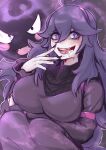 1girl :d @_@ ahoge armband bangs black_eyes black_nails black_sweater blush_stickers breast_hold breasts dress eyebrows_visible_through_hair eyelashes fangs fingernails furrowed_eyebrows gastly gen_1_pokemon hair_between_eyes hairband hand_up heart heart-shaped_pupils hex_maniac_(pokemon) highres large_breasts lips long_fingernails long_fingers long_hair long_sleeves looking_at_viewer mouth_drool nail_polish npc_trainer open_mouth outline pokemon pokemon_(creature) pokemon_(game) pokemon_xy purple_armband purple_background purple_dress purple_hair purple_hairband purple_lips purple_outline purple_wristband ribbed_sweater smile solid_eyes sweatdrop sweater symbol-shaped_pupils teeth turtleneck turtleneck_sweater vialnite violet_eyes wavy_mouth wristband 