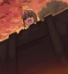  1girl :d a_grim_reminder bangs black_gloves blonde_hair blue_eyes bob_cut clouds cloudy_sky eyebrows_visible_through_hair fang giant girls_und_panzer gloves highres katyusha_(girls_und_panzer) looking_at_viewer open_mouth orange_sky outdoors parody shingeki_no_kyojin skin_fang sky smile smirk solo wall 