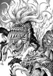  1other dragon eldritch_abomination extra_eyes giant giant_monster greyscale highres monochrome multiple_heads no_humans one-punch_man orochi_(opm) pagong sharp_teeth teeth tentacles 