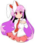  1girl animal_ears arm_behind_back bangs carrot collared_shirt cropped_legs eyebrows_visible_through_hair hand_on_own_chest highres ini_(inunabe00) long_hair long_sleeves looking_at_viewer necktie open_mouth pink_skirt pleated_skirt purple_hair rabbit_ears red_eyes red_neckwear reisen_udongein_inaba shirt skirt solo touhou white_shirt 