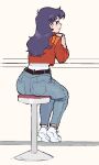  1girl belt black_belt blush from_behind full_body jacket katsuragi_misato long_hair long_sleeves looking_at_viewer neon_genesis_evangelion profile purple_hair red_jacket sitting solo stool topium watch watch white_footwear 