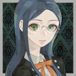  1girl bangs black_background black_jacket blue_hair border brown_eyes collared_shirt dangan_ronpa_(series) dangan_ronpa_v3:_killing_harmony dress_shirt glasses grey_border jacket long_hair looking_at_viewer neck_ribbon orange_ribbon ribbon rimless_eyewear sara_(kurome1127) shirogane_tsumugi shirt smile solo white_shirt 