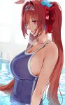  1girl animal_ears blue_swimsuit bow breasts daiwa_scarlet_(umamusume) eyebrows_visible_through_hair eyes_visible_through_hair fang hair_bow hews highres horse_ears horse_girl large_breasts long_hair looking_down one-piece_swimsuit open_mouth partially_submerged pink_eyes pool red_bow redhead skin_fang solo swimsuit tiara twintails umamusume water wet wet_hair 
