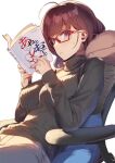  1girl 92m ahoge book breasts brown_hair chair copyright_request cover cover_page denim ears eyebrows_visible_through_hair eyewear_on_head glasses hair_behind_ear highres holding holding_book jeans light_blush long_sleeves looking_at_viewer open_book pants parted_lips red-framed_eyewear short_hair sideways_glance simple_background sitting solo sweatdrop sweater teeth turtleneck turtleneck_sweater white_background 