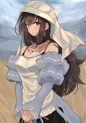  1girl bangs bare_shoulders blouse blue_eyes blush breasts brown_hair choker detached_sleeves eyes from_side hair_between_eyes hands_together highres hinomaru_(futagun) jewelry long_hair looking_at_viewer looking_to_the_side medium_breasts original parted_lips pendant solo spaghetti_strap white_headwear 