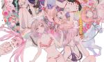  6+girls andou_ruruka blue_eyes breasts choker cigarette commentary_request dangan_ronpa_(series) dangan_ronpa_2:_goodbye_despair dangan_ronpa_3_(anime) dangan_ronpa_another_episode:_ultra_despair_girls dangan_ronpa_v3:_killing_harmony enoshima_junko eyebrows_visible_through_hair fake_horns food green_eyes grey_hair hagakure_hiroko hair_ornament hairband hairclip horns iruma_miu jewelry large_breasts lingerie long_hair monofunny monomi_(dangan_ronpa) multiple_girls nanami_chiaki navel necklace pink_hair sara_(kurome1127) short_hair twintails underwear utsugi_kotoko very_long_hair 