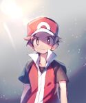  1boy baseball_cap bright_pupils brown_eyes brown_hair closed_mouth collared_jacket commentary_request frown hat highres jacket kashiwa_(kasshiwa10) looking_at_viewer male_focus pokemon pokemon_(game) pokemon_frlg popped_collar red_(pokemon) red_headwear short_sleeves sketch solo upper_body white_pupils 