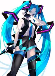  1girl alternate_costume bangs black_gloves black_skirt black_vest blue_eyes blue_hair blue_neckwear covered_mouth fingerless_gloves gloves goma_irasuto hatsune_miku headphones long_hair looking_down necktie open_hands shirt_tucked_in skirt solo thigh-highs twintails very_long_hair vest vocaloid white_background 