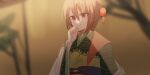  1girl bangs blurry blurry_background borrowed_character brown_hair chihuri closed_mouth depth_of_field eyebrows_visible_through_hair hair_between_eyes hair_ornament hand_up highres japanese_clothes kimono long_sleeves original red_eyes smile solo wide_sleeves 