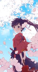  1girl bangs blue_eyes blue_hair blue_hakama blush cherry_blossoms day hakama head_tilt holding holding_umbrella houshou_(kancolle) japanese_clothes kantai_collection karomura kimono long_hair oil-paper_umbrella outdoors petals ponytail sky smile solo tasuki twitter_username umbrella wide_sleeves 