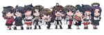  ahoge arm_behind_back black_eyes black_hair brown_eyes brown_hair cardigan checkered checkered_neckwear chibi detached_sleeves eyepatch fusou_(kancolle) glasses grin hair_ornament hakama_skirt hand_on_own_cheek hand_on_own_face hands_on_hips haruna_(kancolle) hiei_(kancolle) highres houshou_(kancolle) japanese_clothes kantai_collection kariginu kirishima_(kancolle) kongou_(kancolle) magatama mechanical_halo necktie nishi_koutarou nontraditional_miko one_eye_closed platform_footwear ponytail purple_hair red_eyes ryuujou_(kancolle) school_uniform smile tatsuta_(kancolle) tenryuu_(kancolle) twintails v violet_eyes visor_cap wide_sleeves yamashiro_(kancolle) yellow_eyes 