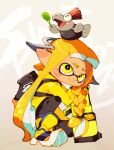  1girl absurdres agent_3_(splatoon_3) asymmetrical_hair boots braid closed_mouth gradient gradient_background hero_shot_(splatoon_3) highres inari1369 inkling inkling_girl little_buddy_(splatoon) long_hair long_sleeves on_head orange_hair pointy_ears salmonid smallfry_(splatoon) smile splatoon_(series) splatoon_3 spoon squidbeak_splatoon suction_cups tentacle_hair yellow_eyes 