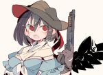  1girl adapted_costume black_hair black_wings blue_shirt breasts brown_gloves brown_headwear cowboy_hat feathered_wings gloves gun hand_up hat holding holding_gun holding_weapon kurokoma_saki ma_sakasama medium_breasts neckerchief open_mouth red_eyes shirt solo touhou trigger_discipline upper_body upper_teeth weapon weapon_request wings 