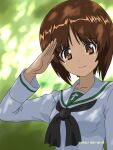  1girl artist_name bangs brown_eyes brown_hair closed_mouth commentary dappled_sunlight dated day girls_und_panzer highres looking_at_viewer naotosi nishizumi_miho ooarai_school_uniform outdoors salute school_uniform short_hair smile solo sunlight upper_body 