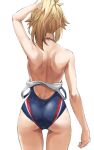 1girl ass back blonde_hair blue_swimsuit braid breasts fate/apocrypha fate_(series) french_braid hair_ornament hair_scrunchie long_hair mordred_(fate) mordred_(fate)_(all) no_bra off_shoulder one-piece_swimsuit ponytail scrunchie sidelocks small_breasts swimsuit thighs tonee