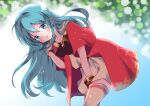 1girl :d absurdres aqua_eyes aqua_hair babybreath63 bangs bent_over bracelet eirika_(fire_emblem) eyebrows_visible_through_hair fire_emblem fire_emblem:_the_sacred_stones fire_emblem_heroes hair_between_eyes hand_in_hair highres jewelry long_hair looking_at_viewer official_alternate_costume open_mouth smile thigh-highs twitter_username younger 