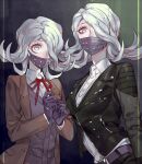  2girls black_gloves blazer commentary_request constricted_pupils covered_mouth dangan_ronpa_(series) dangan_ronpa_3_(anime) dual_persona flipped_hair gloves hair_over_one_eye hope&#039;s_peak_academy_school_uniform jacket kimura_seiko long_hair looking_at_viewer mask mouth_mask multiple_girls sara_(kurome1127) school_uniform surgical_mask time_paradox younger 