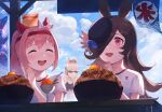  3girls :d ^_^ absurdres animal_ears bangs bare_shoulders black_hair black_headwear black_swimsuit blue_flower blue_rose blue_sky blush bow bowl breasts brown_headwear closed_eyes clouds cloudy_sky collarbone commentary_request day ear_bow eyebrows_behind_hair flower food glint gold_ship_(umamusume) gym_shirt hair_over_one_eye hairband hands_up haru_urara_(umamusume) hat hat_flower highres horse_ears kooribata medium_breasts mini_hat multiple_girls one-piece_swimsuit open_mouth outdoors palms_together pink_hair ponytail red_eyes red_hairband rice_shower_(umamusume) rose shibainu shirt short_sleeves sky smile sunglasses swimsuit tilted_headwear umamusume upper_body upper_teeth white_bow white_shirt 