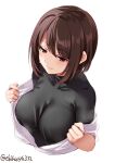  1girl black_bodysuit blush bodysuit breasts brown_eyes brown_hair closed_mouth ebifurya eyebrows_visible_through_hair highres kantai_collection large_breasts short_hair simple_background solo sweat twintails twitter_username upper_body white_background 