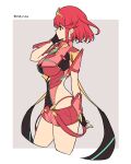  1girl bangs black_gloves breasts chest_jewel earrings fingerless_gloves gloves highres jewelry large_breasts mochimochi_(xseynao) pyra_(xenoblade) red_eyes red_legwear red_shorts redhead short_hair short_shorts shorts swept_bangs thigh-highs tiara xenoblade_chronicles_(series) xenoblade_chronicles_2 