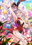  1girl :d absurdres alternate_costume animal_ears arm_up armpits bird black_footwear black_leotard blue_eyes bow bowtie castle chick cowboy_shot curly_hair detached_collar easter easter_egg egg fate/grand_order fate_(series) fishnet_legwear fishnets grey_hair hair_bow happy high_heels highres huge_filesize leotard long_hair looking_at_viewer marie_antoinette_(fate) open_mouth playboy_bunny rabbit_ears red_bow red_vest smile solo totomiya twintails vest white_bow 