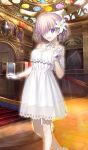  1girl :d bare_shoulders choker collarbone craft_essence dress fate/grand_order fate_(series) flower gloves hair_flower hair_ornament hair_over_one_eye heroic_spirit_formal_dress indoors lily_(flower) looking_at_viewer mash_kyrielight official_art open_mouth purple_hair ribbon_choker see-through short_dress short_hair smile solo standing takeuchi_takashi violet_eyes white_dress white_gloves white_neckwear 