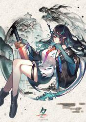  1girl absurdres arknights black_hair dress dusk_(arknights) earrings hair_over_one_eye highres holding holding_weapon horns jewelry long_hair multicolored_hair pixerite pointy_ears red_eyes streaked_hair sword weapon 