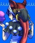  1girl :p animal_head baku blue_eyes blue_hair capelet commentary_request doremy_sweet dream_soul fur_collar hat highres howhow_notei pom_pom_(clothes) short_hair simple_background solo tongue tongue_out touhou 