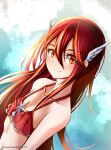  1girl bangs bare_shoulders bikini blue_sky clear_glass_(mildmild1311) collarbone cordelia_(fire_emblem) fire_emblem fire_emblem_awakening fire_emblem_heroes hair_between_eyes highres long_hair looking_at_viewer navel red_eyes redhead sky smile solo swimsuit swimwear twitter_username very_long_hair wing_hair_ornament 