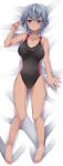  1girl absurdres barefoot black_swimsuit breasts competition_swimsuit covered_navel dakimakura_(medium) dark_skin dark-skinned_female full_body highres jyon104 lying medium_breasts mutsuba_asana one-piece_swimsuit short_hair silver_hair solo swimsuit violet_eyes yu-gi-oh! yu-gi-oh!_sevens 