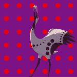  absurdres animal_focus avogado6 bird crane_(animal) dice from_side highres mouth_hold no_humans original polka_dot polka_dot_background purple_background spread_wings 