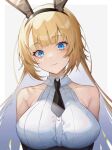  1girl absurdres animal_ears astoria_(azur_lane) astoria_(black_bunny_carnival)_(azur_lane) azur_lane bangs bare_shoulders black_neckwear blonde_hair blue_eyes blunt_bangs breasts closed_mouth collarbone eyebrows_visible_through_hair fake_animal_ears grey_background highres kabi_(zcwd8845) large_breasts light_smile long_hair looking_at_viewer necktie rabbit_ears solo upper_body 